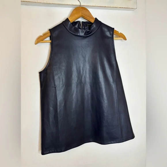 Ann Taylor Deep Blue Faux Leather Mock Neck Sleeveless Top - Picture 2 of 4